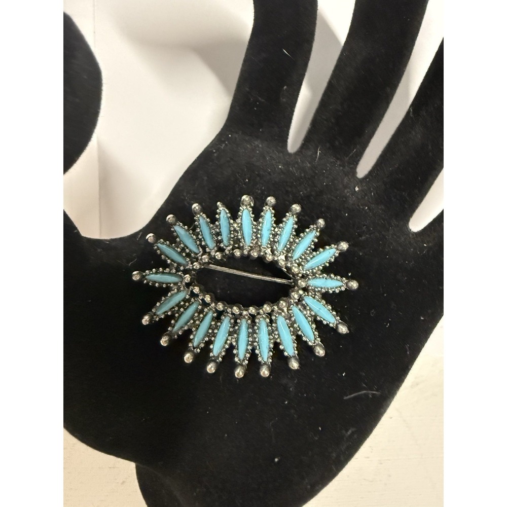 Vintage South West Faux Turquoise Silver Tone Petite Point Brooch